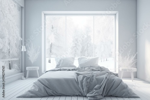 White bedroom with winter christmas landscape in window. Scandinavian interior design. 3D illustration. Generative AI Illustration © Christopher