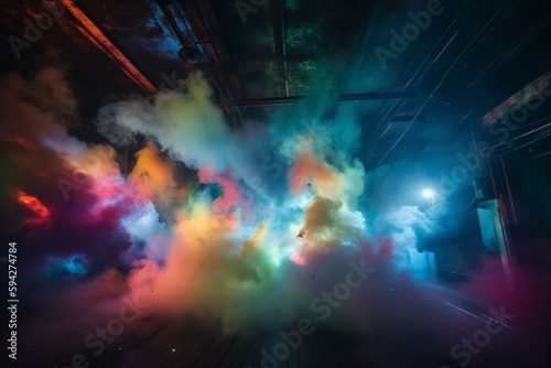 space with multicolored lights, with smoke around. Generative AI