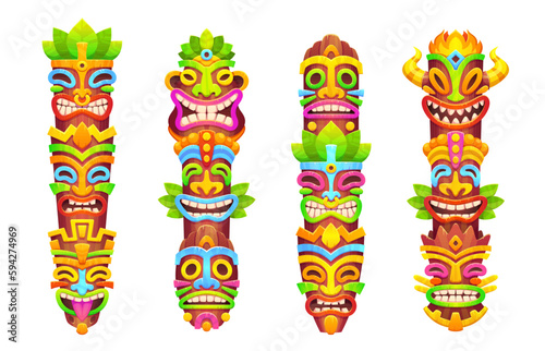 Hawaiian tribal totems with tiki masks on poles. Polynesian god wooden statues  colored native african tikki masks isolated on white background  vector cartoon set