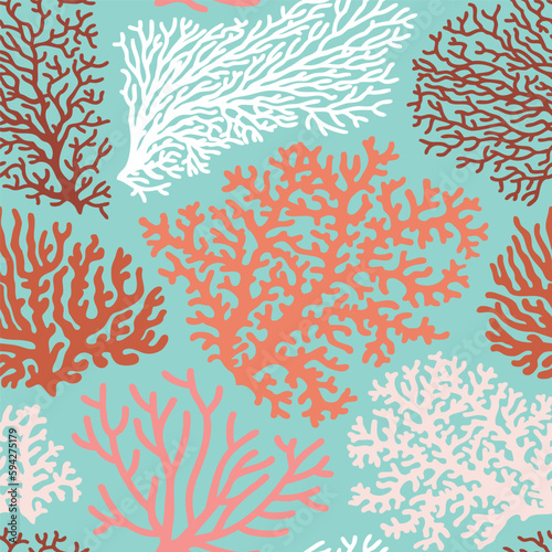 Hand drawn seamless vector pattern with coral silhouettes on turquoise background. Perfect for fabric, wallpaper or wrapping paper.