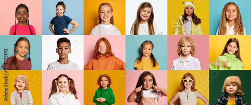 Collage. Little girls and boys, children of different race, nationality age showing different emotions over multicolored background. Concept of emotions, facial expression, childhood, lifestyle