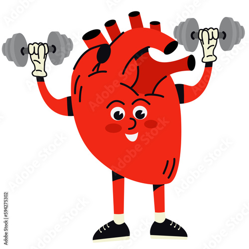 Happy healthy smiling cartoon heart,human organ,  doing exercises with dumbbells weights.Cartoon human organs.