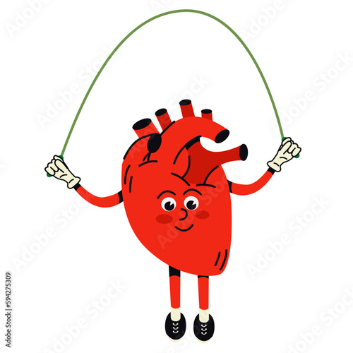 Happy healthy smiling cartoon heart,human organ,  jumping with skipping rope. Cartoon human organs.
