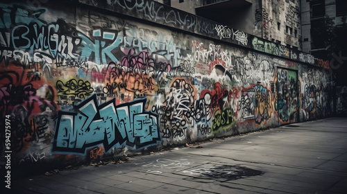 Rough concrete wall with graffiti. Generative AI. © Aiakos