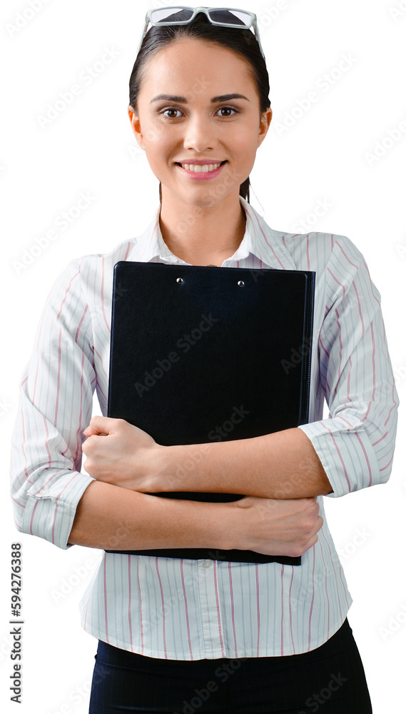 Beautiful businesswoman portrait with folder, isolated. Beautiful businesswoman portrait with folder, isolated.