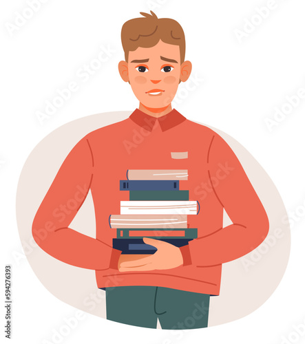 The student is holding a stack of books. Bookcrossing concept. Flat vector illustration.