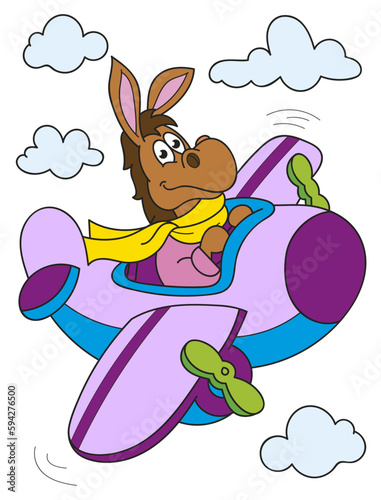 Coloring page outline of cartoon smiling cute horse piloting an airplane. Colorful vector illustration, summer coloring book for kids.