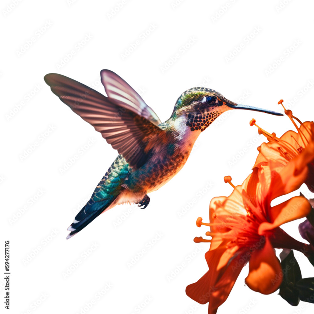 Fototapeta premium Stunning hummingbird approaching a beautiful flower with its beak, showcasing the harmonious interaction between wildlife and nature