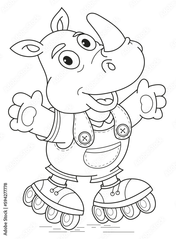 Coloring page outline of the cartoon smiling cute rhino on roller