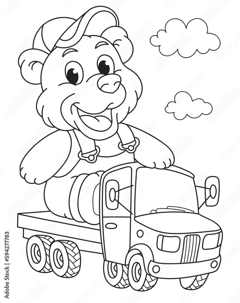 Coloring page outline of the cartoon smiling cute bear on a car ...