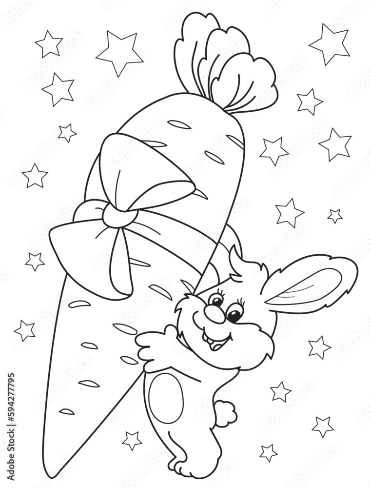 Coloring page outline of the cartoon cute rabbit with the big carrot ...
