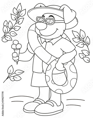 Coloring page outline of the cartoon smiling cute dog on a beach. Colorful vector illustration, summer coloring book for kids.
