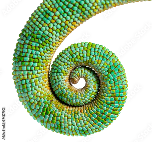 Fototapeta Tail of an veiled chameleon rolled up on itself, Chamaeleo calyptratus, isolated on white