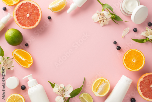 Fototapeta Naklejka Na Ścianę i Meble -  Juicy and trendy summer fruit skincare concept. Top view flat lay of mockup cream bottles, jars, serum, pipette with citrus and flower on pastel pink background. Empty space for text or advert
