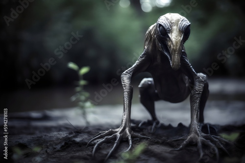 cryptid monster creature with reptilian features in swamp caught on camera, made with generative ai photo