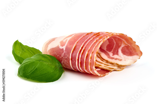 Fototapeta Naklejka Na Ścianę i Meble -  Raw smoked bacon isolated. Streaky brisket slices, fresh thin sliced bacon on white background