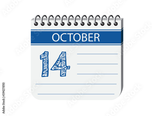 14 october calendar notebook page vector. 3d one day calendar date, appointment, event reminder illustration. Abstract three dimensional daily date appointment, agenda, event calendar.
