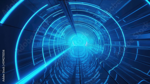 Blue neon stream High tech abstract curve tunnel background with Generative AI Technology