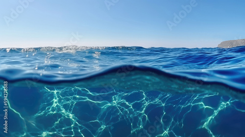 Blue under water waves and bubbles Beautiful blue sky with Generative AI Technology