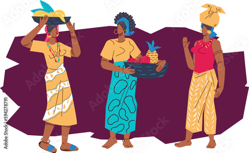 African women in traditional dress. Banner or flyer backdrop template for travel and African culture festivals, food labels.