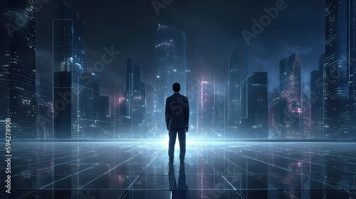 Futuristic Business Concept. Businessman Stand in the middle of night city