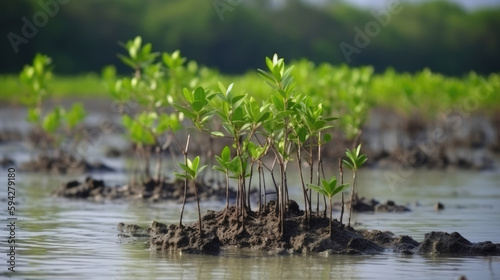 Mangrove Tree or Seedlings grown on the coast with Generative AI Technology © LightoLife