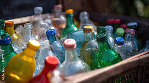 Many used plastic bottles in trash bin outdoors recyling management with Generative AI Technology