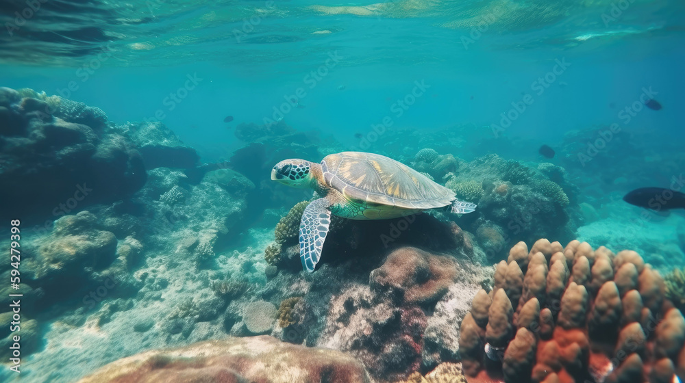 Sea turtle in coral landscape Exotic marine wild life underwater with Generative AI Technology Sea turtle in coral landscape Exotic marine wild life underwater with Generative AI Technology