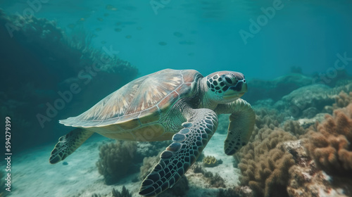 Sea turtle in coral landscape Exotic marine wild life underwater with Generative AI Technology © LightoLife