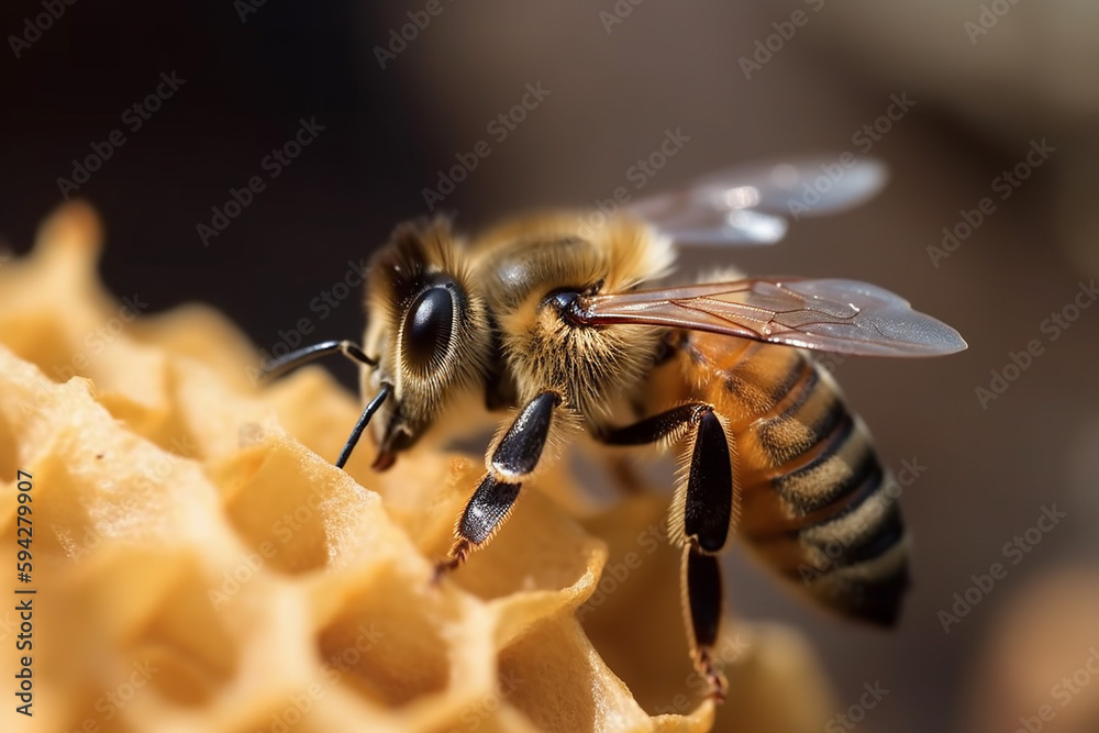 Bee standing on a beehive and making honey. Generative Ai Bee standing on a beehive and making honey. Generative Ai
