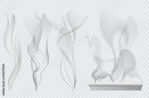 Vector set of transparent white cigarette smoke and transparent white steam over cup on light background