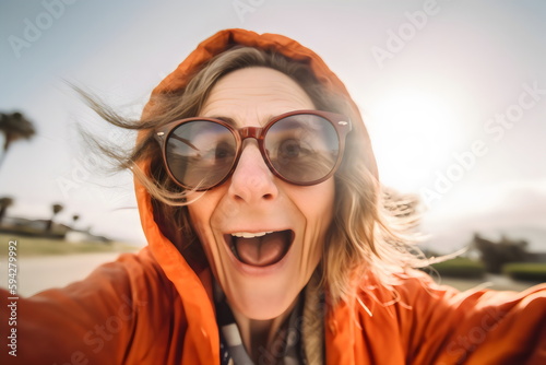 laughing selfie of older solo traveller woman in cold location, made with generative ai