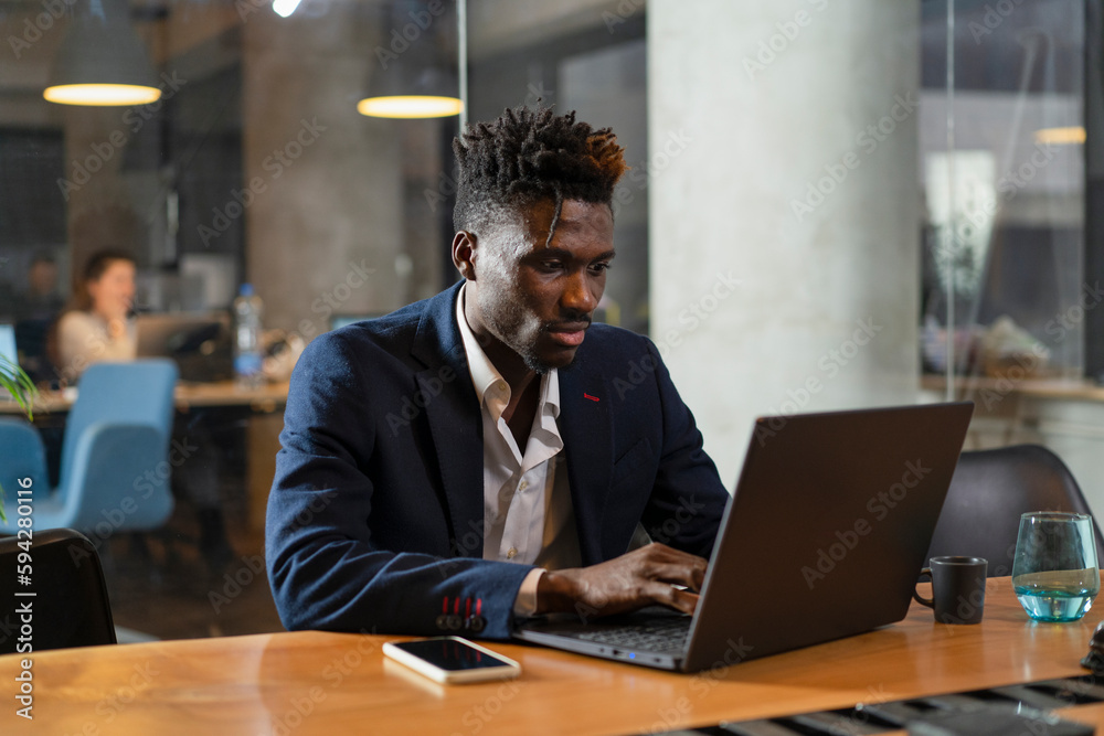 Portrait of successful businessman in office. Young smiling man using the laptop. Portrait of successful businessman in office. Young smiling man using the laptop.