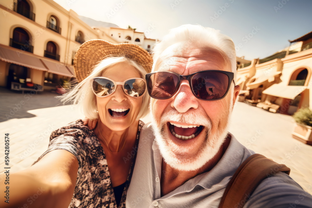 happy selfie of older travelling couple in middle eastern landscape, made with generative ai