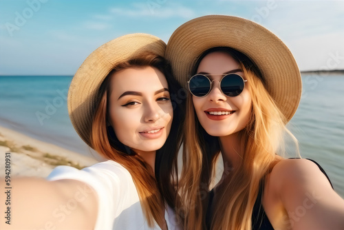 happy selfie of two young women travelling together at beach, made with generative ai © Ricky