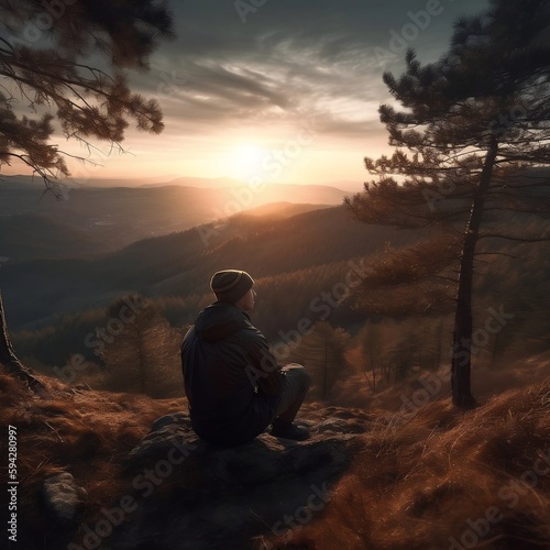 A man sitting on a rock and watching the sunset