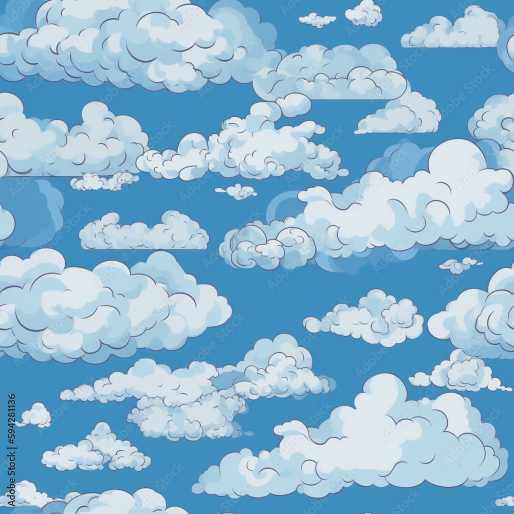 Seamless pattern of white clouds on a blue background. Generative ai