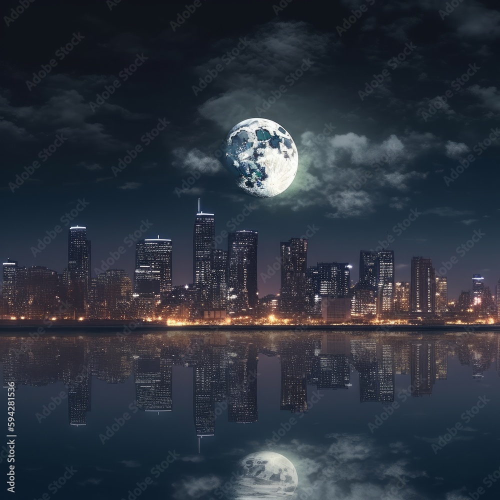 Night cityscape with a full moon ai, ai generative, illustration