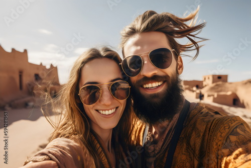 happy selfie of travelling couple in windy moroccan landscape, made with generative ai