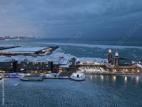 Aerial view of the city of Chicago, Illinois, on a snowy winter day