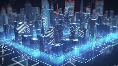 Smart city on a dark blue background, featuring intelligent infrastructure and connected buildings. This futuristic cityscape showcases IoT, 5G and AI integration. Generative AI