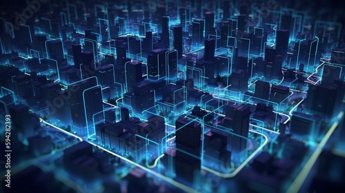 Smart city on a dark blue background  featuring intelligent infrastructure and connected buildings. This futuristic cityscape showcases IoT  5G and AI integration. Generative AI