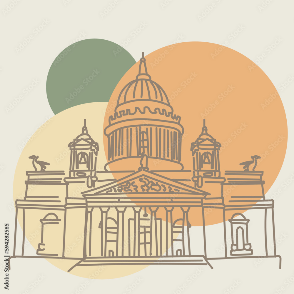 Saint Isaac's Cathedral in St. Petersburg, Russia. Hand drawn sketch in the style of an ancient engraving