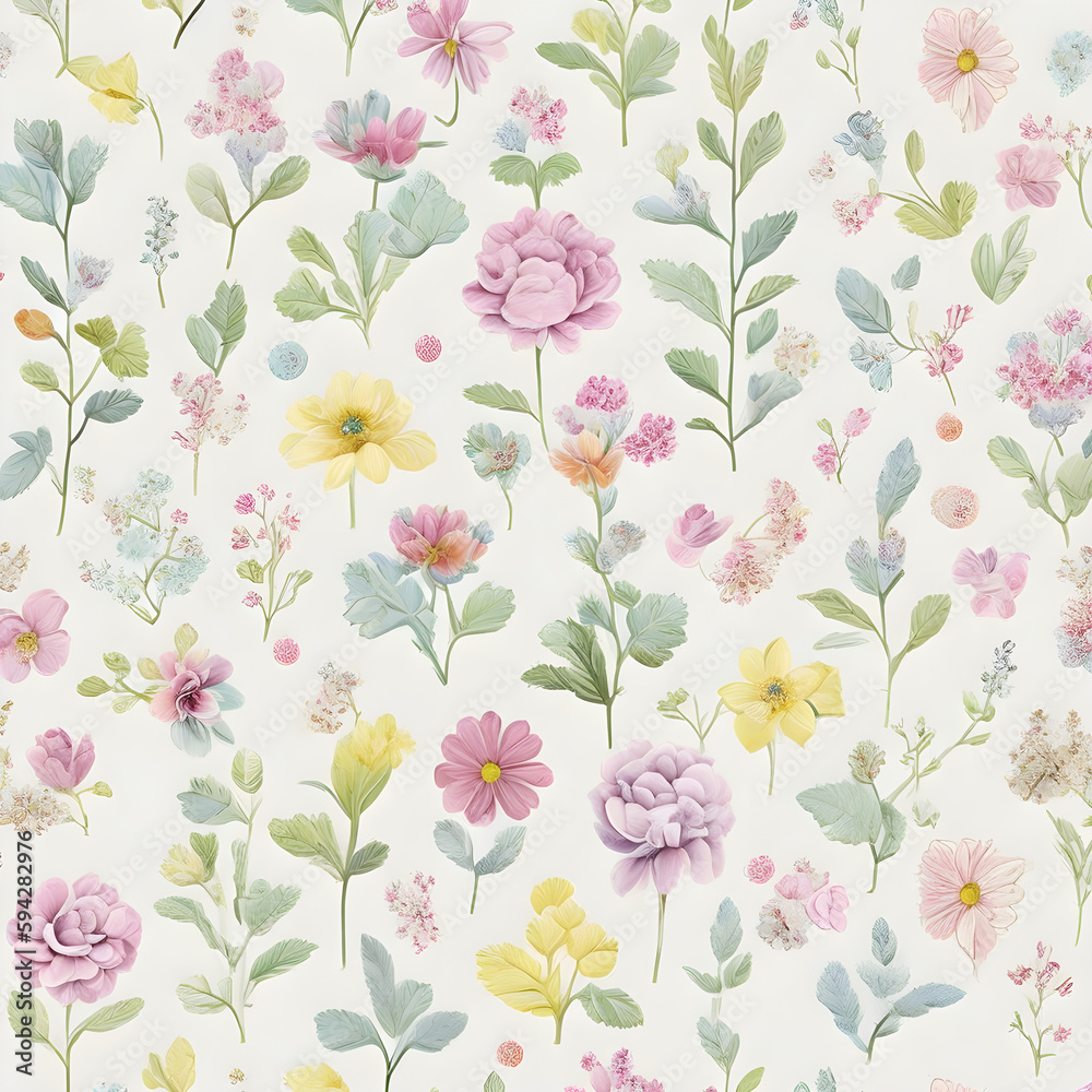 seamless floral pattern,nostalgic childhood garden pattern with soft pastel colors and delicate details, rendered , Ai generated 