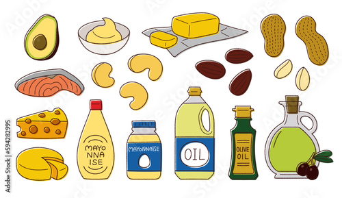 脂質を多く含む食品のベクター線画イラスト／油・ナッツ・チーズ・アボカドなど