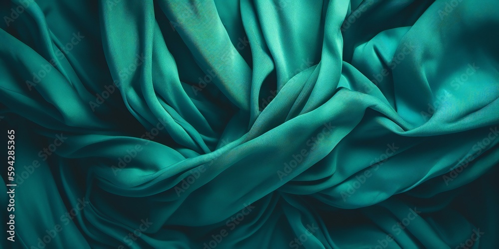 Fototapeta premium Green turquoise teal blue abstract wave silk fabric texture background. Colorful matte background with space for design. Toned canvas. Web banner. Wide. Long. Panoramic. Generative AI