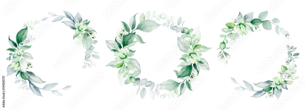 Luxury botanical wedding frame elements on white background. Set of circle shapes, wreaths of eucalyptus leaves, leaf branches. Elegant foliage design for wedding, cards, invitations, greetings.