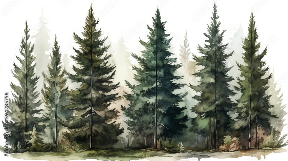 Fototapeta premium Watercolor pine tree forest. Generative AI.