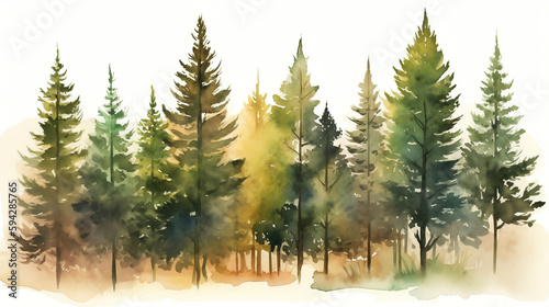 Watercolor pine tree forest. Generative AI.