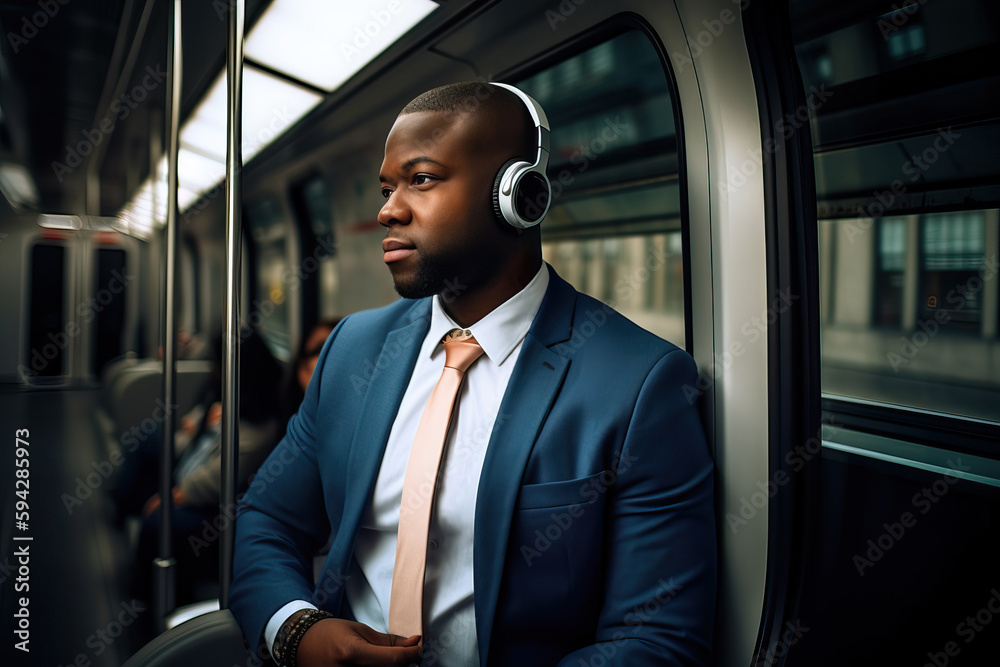 A fictional person. Confident businessman commuting to work on a train A fictional person. Confident businessman commuting to work on a train